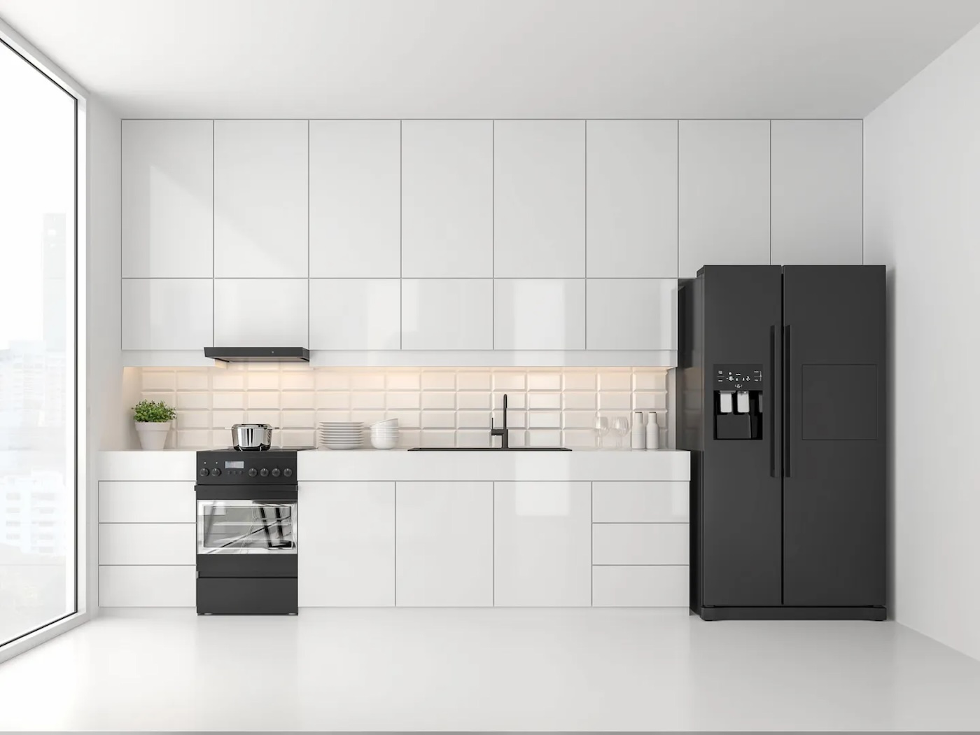 Modern kitchen with white cabinets, black stove, and black refrigerator. A potted plant sits near the stove, and sunlight enters from a large window on the left.