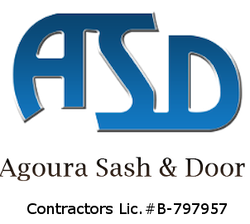 Logo for Agoura Sash & Door featuring the initials "ASD" in blue, with "Contractors Lic. #B-797957" written below.